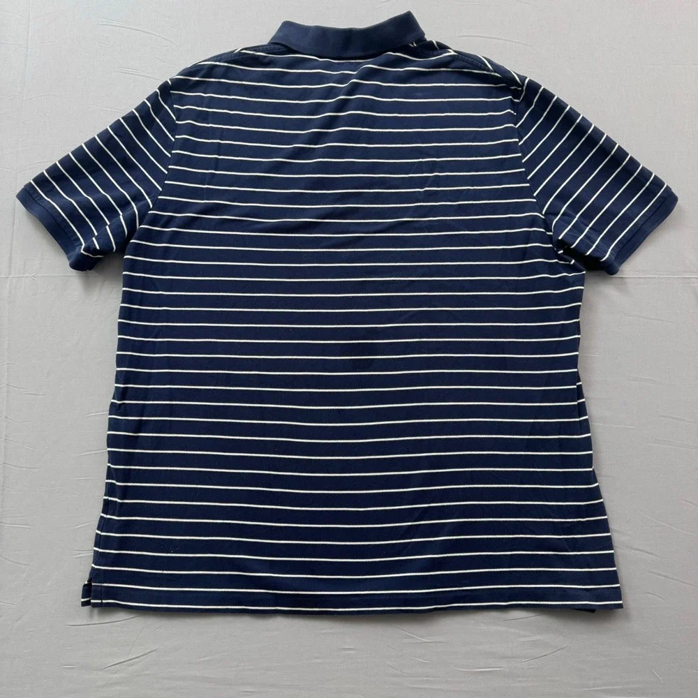 Polo Ralph Lauren Mens XL Navy Blue White Striped Stretch Mesh Polo Shirt Logo